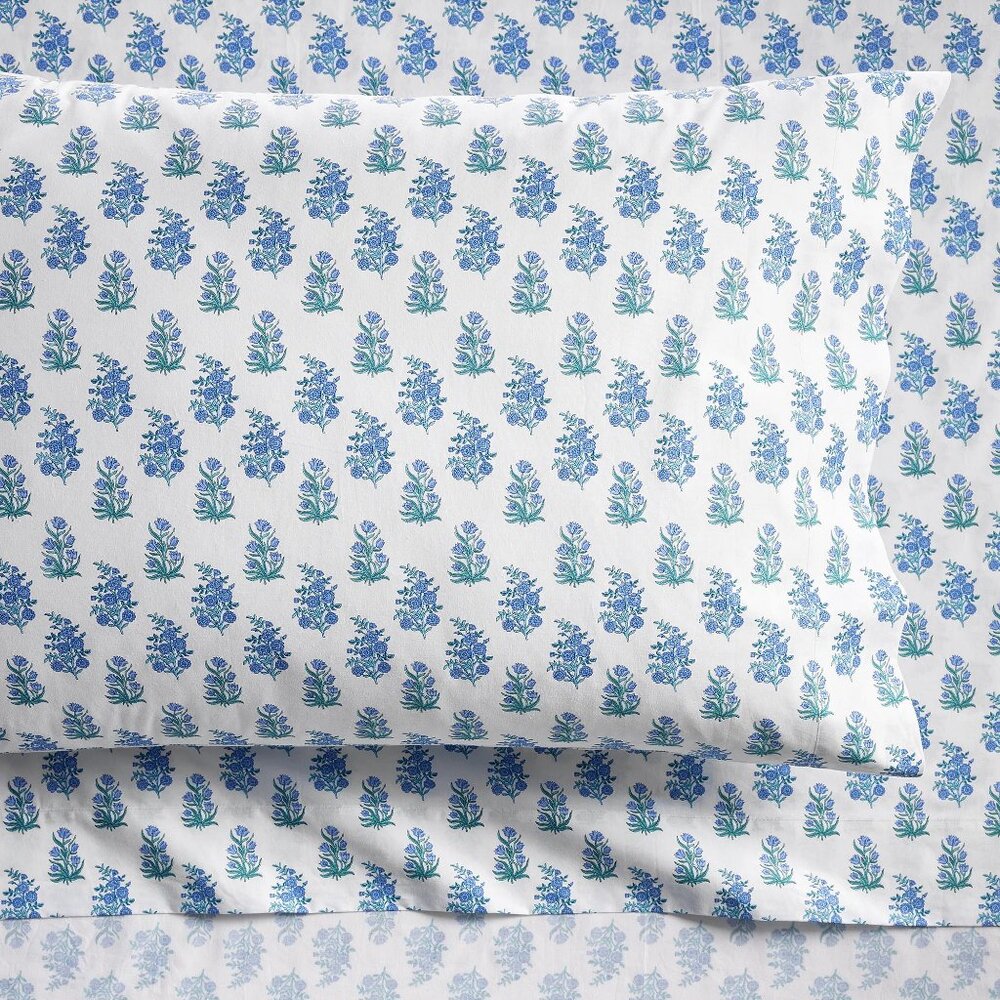 Roller Rabbit Wild Rose Organic Sheet Set Twin XL Blue White Floral NWT